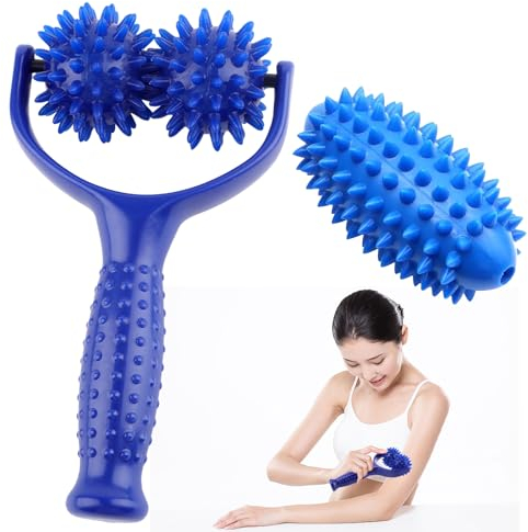 Massageroller Mit Griff,Auswechselbare Massage Roller mit 3 Igelball Massageball,Selbstmassagerolle,Massagegerät Fascia Ball,Igelball Fußmassage für Beine RüCken Arme Schultern Muskelschmerzen(Blau)