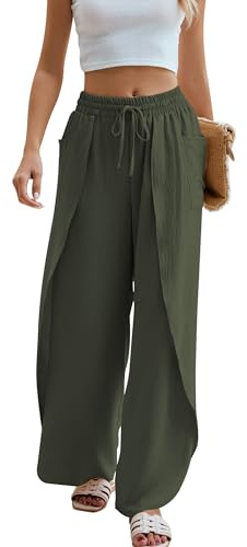 BMJL Womens Flowy Boho Beach Pants Summer Palazzo Pant High Waisted Side Split Wide Leg Trousers Vacation Travel Outfit(XL,Army Green)
