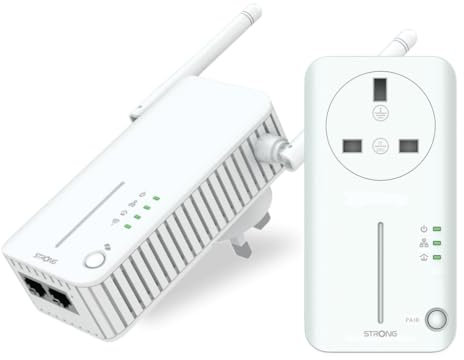 STRONG AV600 WiFi Passthrough Powerline Adapter Kit, HomePlug AV2 Powerline WiFi Extender, WiFi 300Mbps, Extra Power Socket, Plug & Play with Pair Button, Power Saving Mode, 100Mbps LAN Ports