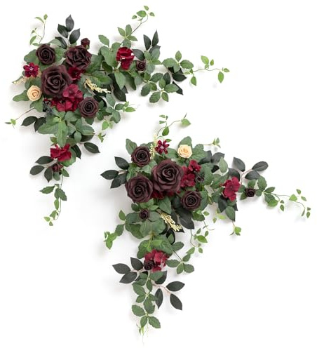 Ling's moment 2PCS Burgundy Artificial Floral Swags Wedding Arch Flowers Table Centerpieces Dark Red Rose Garland Wine Red for Sweetheart Head Table Easel Wall Entryway Board Backdrop