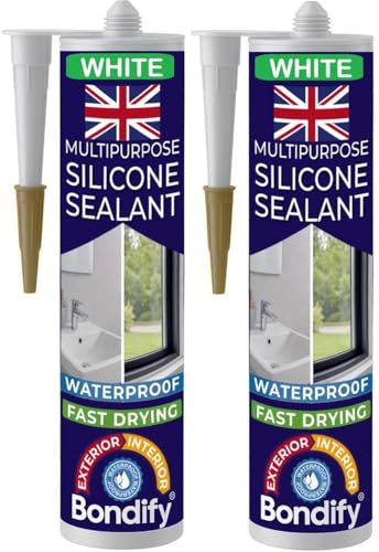 BONDIFY Waterproof Kitchen, Bathroom Silicone Sealant White Window Sealant | 280g x 2PCs ANTI MOULD, SOLVENT FREE White Silicone Mastic for Window Frame, Door, Bathroom, Shower, Bath, Sanitary, Sink