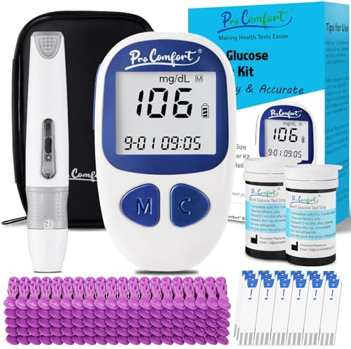 Pro Comfort Blood Glucose Monitor Kit with 100 Test Strips & 100 Lancets, Blood Sugar Monitor, Lancing Device, Blood Sugar Testing Kit, Accurate Glucometer, No Coding, Travel Size for Diabetes Care