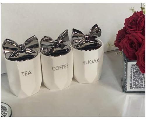 DEENZ Set Of 3 Jars Silver Bow Lid Kitchen Canister Jar For Tea Coffee Sugar Storage Pots Marble Effect Home Decor Dining Table Eye-Catching Glamorous Design (White)