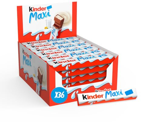 Kinder Maxi - Barra de Chocolate con Corazón de Leche Fondant Envuelto en Chocolate Kinder - Merienda Fondant y Sabrosa - Formato Familiar - 36 Barras