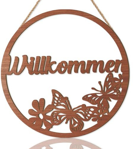 ANHUIB Herzlich Willkommen Schild Türdeko Haustür Deko Willkommensschild Haustür Holz Wohnzimmer und Garten Türdekorationen und Hängenden Willkommenskränze Haustür Hängenden Willkommen Dekoration