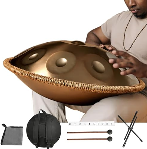 Handpan Instrument,9/10 Töne 22 Zoll Zungentrommel Stahltrommel in D-Moll Kurd 432/440 HZ mit weicher Tasche, Harmonic Percussion,Trommelständer für Sound Healing, Meditation (440hz, 9Töne)