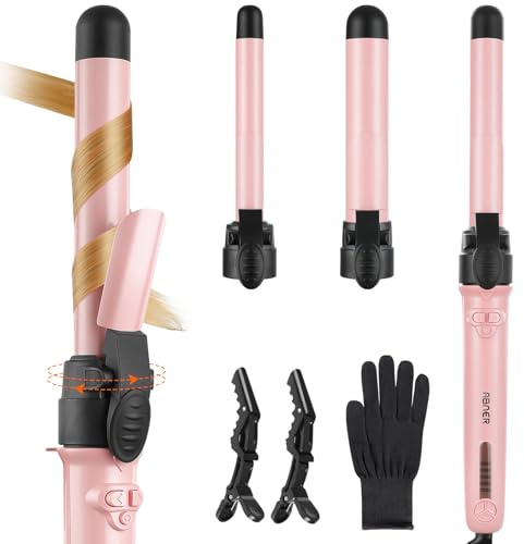 Rotating Curling Iron Set, Automatic Curling Wand for Long Hair Easy to Use Hair Curler Get Effortlessly-Chic Beach Waves 3 Sizes Ceramic Barrel 0.75 1 1.25 to 430°F with Home Button, Dual Voltage