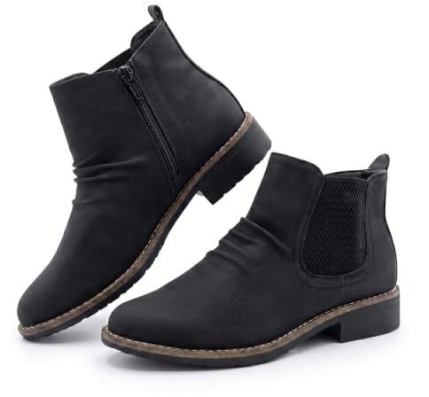 Cushion Walk Women's EEE Extra-Wide Fit Faux Leather Chelsea Ankle Boots UK | Faux Leather, Ruched Design, Block Heel, Zip Closure. Anti-Slip Crepe Sole, Comfortable Work, Office, Everyday Wear