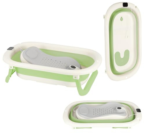 Baignoire Pliable avec Trou de Drainage Portable et Thermomètre à eau, Baignoire de Bain Autonome avec Transat de Bain pour Enfant, Baignoires sur Pieds en Plastique PP+TPE (Vert 72 * 45 * 17 cm B)