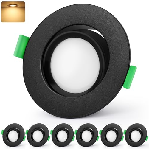 GeyouLux LED Einbaustrahler 230V IP44, 5W 600LM LED Spots, 45° Schwenkbar 2700K Warmweiß Deckenspots für Badezimmer Küche Wohnzimmer Einbauspots 68-80mm Flach Einbauleuchten Schwarz 6er set