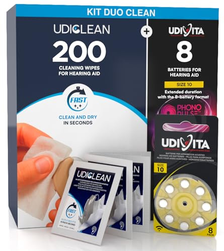 8 Hearing Aid Batteries Size 10 PR70 Yellow with Phono Pulse Technology + 200 Wet Wipes Udiclean for Hearing Aids Screens Glasses Pocket Size - Kit Duo Clean