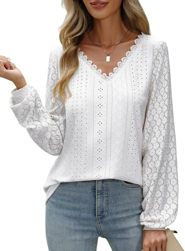 CMTOP Bluse Damen Elegant V Ausschnitt Langarm Tunika Oberteil Lässig Langarmshirt Blusenshirt Tops Locker Spitzenärmel Hemdbluse Damenblusen