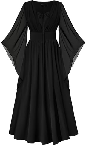 SCARLET DARKNESS Women Renaissance Lace-up Bell Sleeves Medieval Maxi Dress | V-Neck, 3/4 Bell Sleeves, Lace-up Front, High Waist, Smocked Back, Slit at the front left hem, Pockets on Both Sides