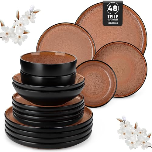 vancasso AMBER Service de Table 12 Personnes, Set Vaisselle 48 Pièces en Grès - Assiettes Plates, Assiettes à Dessert, Bols à Pâtes et Bols - Adapté au Micro-Ondes, Glaçure Rouge
