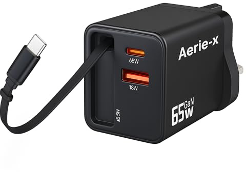 Aerie-X 65W GaN USB-C Fast Charging Station UK Plug, Wall Charger with Built-In Retractable USB-C Cable, 3-Port USB-C & USB-A Power Adapter for iPhone 17/16/15, Samsung S25/S24, iPad, MacBook, Laptop