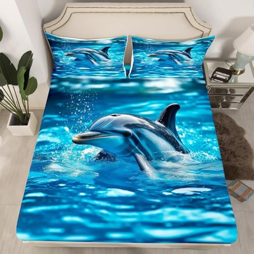 Bettlaken Delphin, Spannbettlaken 100x200cm Meer für Boxspringbett Weiche Mikrofaser Spannbetttuch 3D Bed Sheet mit 2 Kissenbezug für Kinder Erwachsene C.L1781