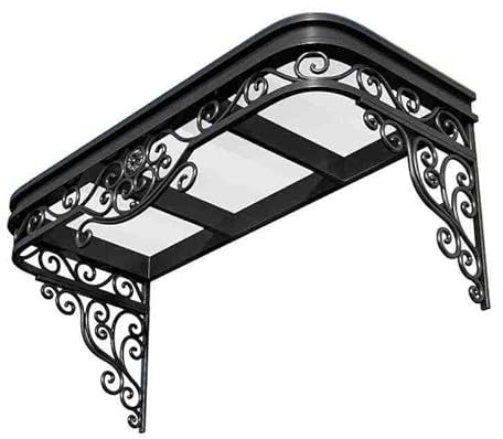 Auvent de porte de style français, construction en aluminium, noir, design décoratif en fer forgé, auvent de protection contre les intempéries pour entrées et fenêtres