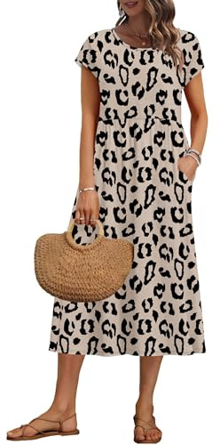 AUSELILY Women's Summer Short Sleeve Midi Dresses A-line Shift Loose Long Dress with Pockets, Dot Leopard L
