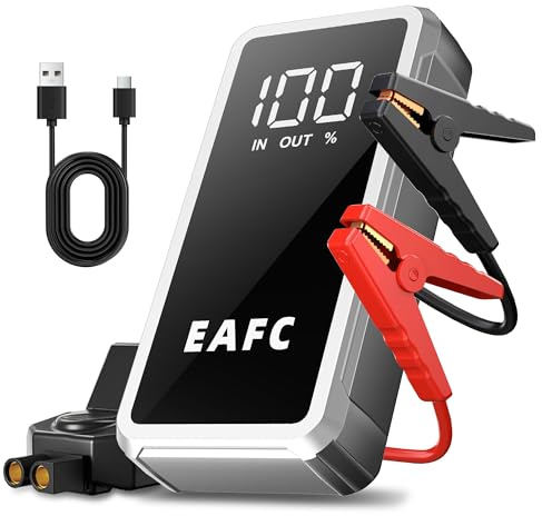 EAFC Arrancador de coche de 5000 A, batería portátil de 12 V (10 L de gas/6 L diésel) con cables de arranque inteligentes, linterna LED y accesorios completos, para coches, furgonetas y motocicletas