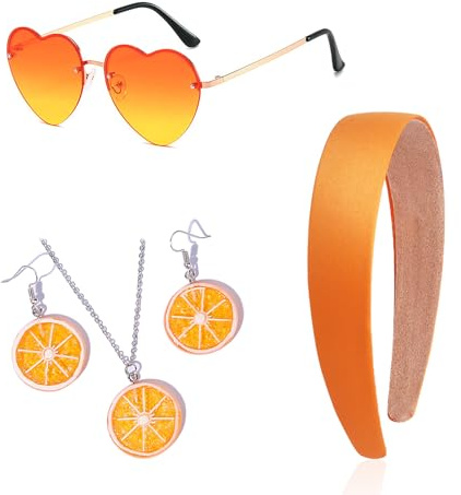 YCICHE Aperol Spritz Kostüm Accessoires Damen, 4 Stück Orange Kostüm Zubehör, Inklusive Orange Haarreif Herz Sonnenbrille Lustige Ohrringe Halskette, Aperol Geschenke für Karneval Mottoparty Cosplay