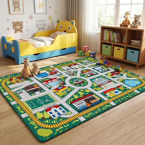 Plyra Kids Car Road Rug (3x5 Ft), Non-Slip City Traffic Play Mat for Toy Cars, Train Track Carpet for Kids Room, Educational Town Map with Police Station, Hospital & Cinema