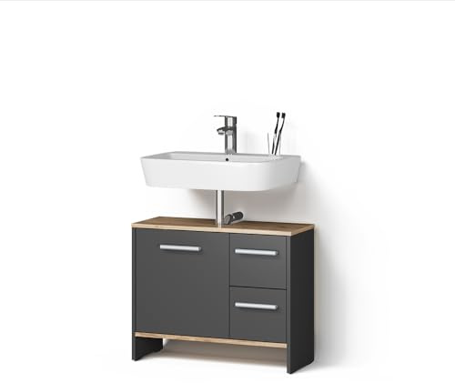 Livinity Mueble bajo Lavabo Amalfi, Antracita/Roble Dorado, 70.2 x 57 cm | Con 2 cajones y 1 puerta