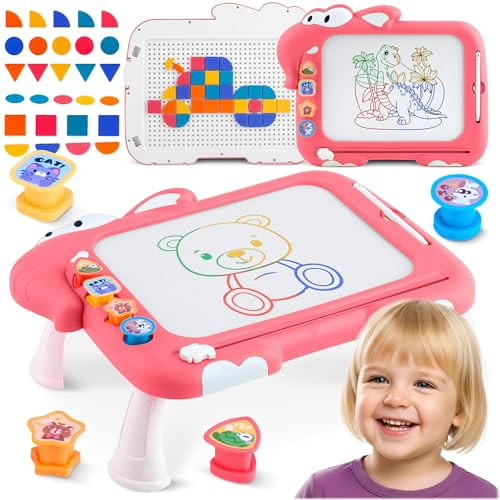Ricokids Magnettafel Kinder - Zaubertafel - mit Zeichentisch und Tangram - abwischbares Magnetboard Set für unterwegs - Lernspielzeug Kindertafel - 4 Stempel - Rosa