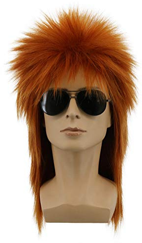 Yuehong Orange Rote Spitzer Vokuhila Perücke 70er 80er Heavy Metal Perücke | Hard Rock Haare mit Hitzebeständigen Synthetischen Fasern für Herren Damen (Orange)