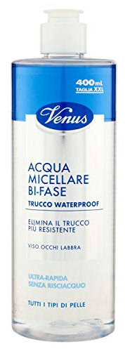 Venus, Acqua Micellare Bi-Fase, Struccante Waterproof Ultra-Rapido, Viso Occhi e Labbra, Assicura una Detersione Delicata e Lascia la Pelle Morbida dopo l'Utilizzo, Ideale su Occhi Sensibili, 400 ml