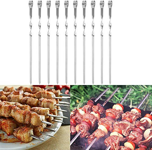 Schaschlikspieße, 10 Stück, Edelstahl, Grillspieße, flach, wiederverwendbar, Metall-Spießstäbe für BBQ, Cocktail, Shish Kabob, Party-Essentials, 37 cm