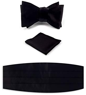 NV Holders: Herren Premium 100% Seide Kummerbund Fliege Taschentuch - Schwarzes Smoking-Set, Schwarz, 48 (for cummerbund waist size), adjustable bow tie length)