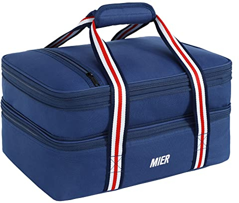 MIER Insulated Double Casserole Carrier Thermal Lunch Tote for Potluck Parties, Picnic, Beach, Fits 9 x 13 Inches Casserole Dish, Expandable, Dark Blue | Food Transport Bag for Lasagna Lugger, Potluck Parties, Picnic; Thermal for Hot and Cold Food; Convertible to Double Deck