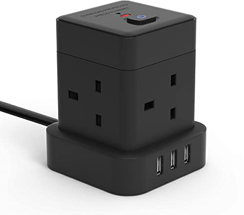 Cube Extension Lead 3M With USB Slots, Baykul 4 Way Extension Cord With 3 USB Ports, Black Long Power Strip With Switch Multi Plug Extension Cable With Overload Protection For Home Travel Office Dorm