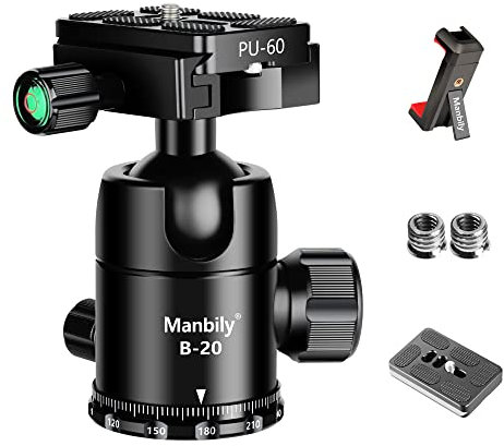 Manbily Professional Tripod Ball Head,Super Long Lens Does Not Easy Nod or Sag,Rotate 360 Degrees,Quick Release Plate and Level Gauge,CNC Metal Aluminum,for DSLR,Camcorder,monopod,Up to 33lbs/15kg