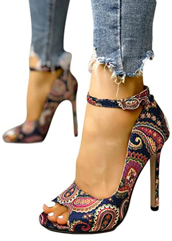 Minetom Femme Sandales Vintage Floral Bouche De Poisson Stiletto Chaussures Soirée De La Mariée Haut Talon Sandals Partie Été Open Toe High Heels