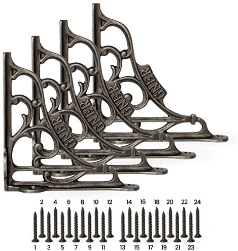 Edenic 4PCs GNER Scaffold Board Cast Iron Shelf Brackets 6x6 Inch 24 Screw | Heavy Duty Cast Iron Wall Brackets for Shelves, 150kg Load Capacity, Wall Mounted Shelf Bracket for Kitchen & Living Room