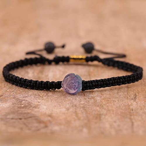 Edelstein Armband,Naturstein Regenbogen Fluorit Kristall Armband Rose Blume Charm Armband Handgefertigtes Geflochtenes Freundschaftsarmband Energie Edelsteine ​​Perlen Armreif Schmuck Für Frauen