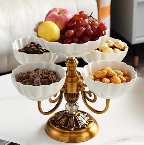 JUNYFFF Fruteros De Cocina Modernos Cerámica, 5 Pisos Cerámica Cesta De Frutas, con Soporte Metálico, Cocina Frutero para Bocadillos, Postres, Pasteles, Organizadores De Fiestas,Blanco