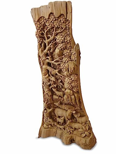 Kinaree Teak Holz Schnitzerei Waldtiere - 78x36cm Geschnitzte Statue in 3D Optik - Wohnzimmer Dekoration der ausgefallenen Art