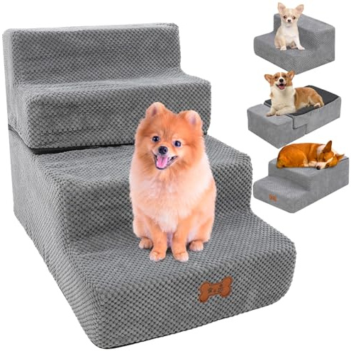 Escaleras para Perros 4 Escalones, Rampa para Mascotas Extraíble y Lavable, Escalera Antideslizante para Ccachorros, Rampa para Perros Pequeños y Gatos, para Sofá o Cama, Gris