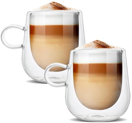ASAB Pack of 2 Double Walled Glass Mugs 275ml Glass Coffee Mugs Heat Resistant with Handle Insulated Cup Strong Borosilicate Coffee Glass Vacuum Insulated Espresso Cappuccino Macchiato Tea Milk Cups