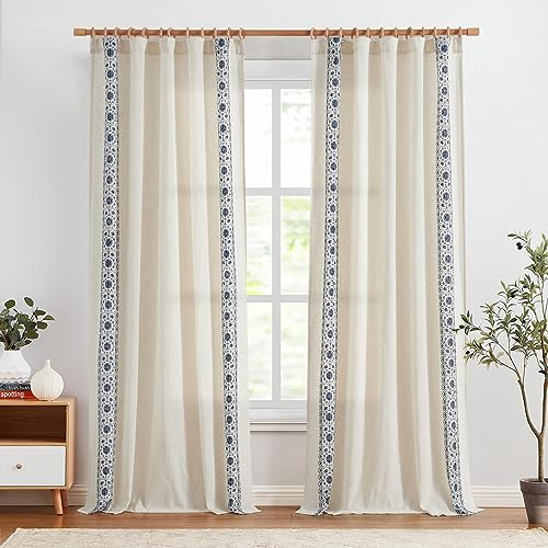 Vangao Gardinen mit Stickerei Wohnzimmer Blumen 140B x 225Hcm 2er Set Blau | Leinenoptik Vorhänge Boho mit Verdeckten Schlaufen, Vintage Landhausstil Lichtdurchlässig, Schlafzimmer Küche Fenster Curtain