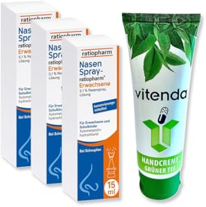 Nasenspray Ratiopharm 3x15ml inclusive einer Handcreme von vitenda - die zuverlässige Lösung bei Schnupfen mit verstopfter Nase, befreit schnell und effektiv