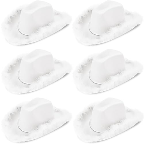 LYCN Cowboyhüte mit Feder, Western-Cowgirl-Hut mit verstellbarem Kordelzug, breite Krempe, flauschiges Cowboyhut-Set für Damen, zum Verkleiden, Feiern, Party, Cosplay, 6 Stück (weiß)