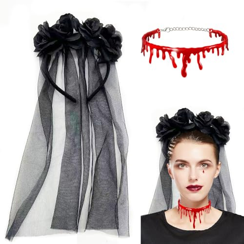 Halloween Schleier Stirnband FaJoek Halloween Schleier Schwarz Haarband mit Schleier, Halloween Haarreif, Schleier Braut, Halloween Blume Stirnband, Tag der Toten Kostüm Hochzeit