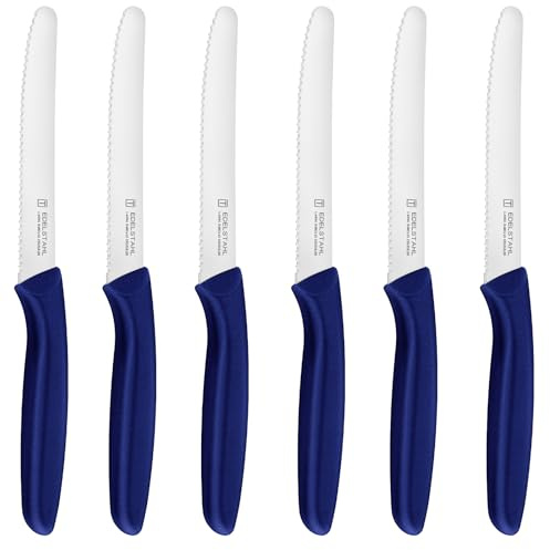 targzier 6 Fruit Cooking Knife,Serrated Stainless Steel,Plastic Handle,Blue | Tomato Knives,Kitchen Utility Knife Set,Breakfast Knife,Vegetable Chopper Peeler,Extra-Sharp,Rounded Tip,11cm,Dishwasher-Safe