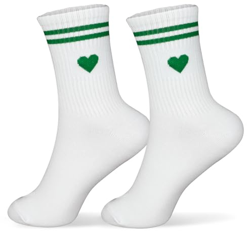 GEBETTER 1 Paar Weiß Socken Damen 36-42 Baumwolle mit Streifen Herz lustige Geschenke für Frauen Herren Sportsocken Tennissocken (DE/NL/SE/PL, Alphanumerisch, Einheitsgröße, Regular, Regular, Grün)