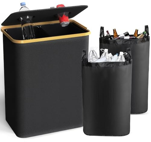 Yammoe 140L Pfandflaschen Sammelbehälter. 2 Fächer mit Löchern für leere Flaschen und Altglasaufbewahrung mit Deckelbehälter für Küche und Speisekammer – Schwarz