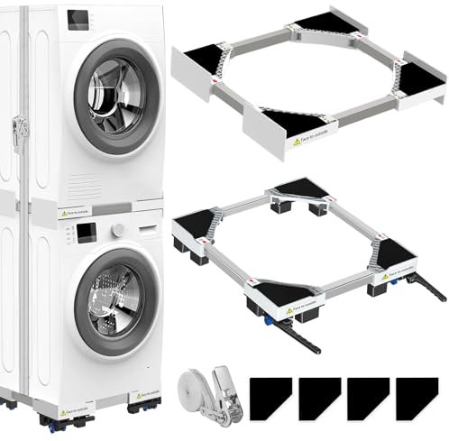 NIUXX Bastidor y Base de Conexión Universal para Secadora y Lavadora, Ajustable en Tamaño con Cable de Trinquete y Ruedas de Transporte con Freno para Lavadoras y Secadoras, Ahorra Espacio