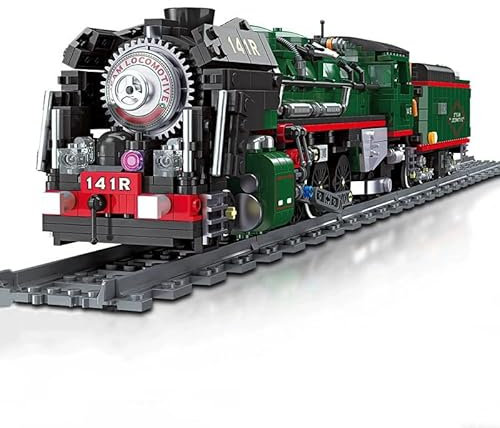 highdar Technik Bausteine Zug Eisenbahn Bausatz, 1782 Klemmbausteine Französische Dampflokomotive 141R im Retro-Stil Modellbausatz, Technik Zug Lokomotive mit Schiene für Kinder und Erwachsene